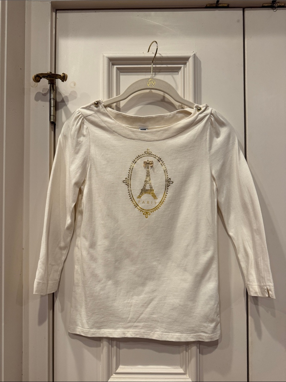 Janie and Jack Cream Long-Sleeve Top with Gold Eiffel Tower